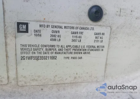 2005 Chevrolet Impala from USA, damaged, VIN 2G1WF55E359211662